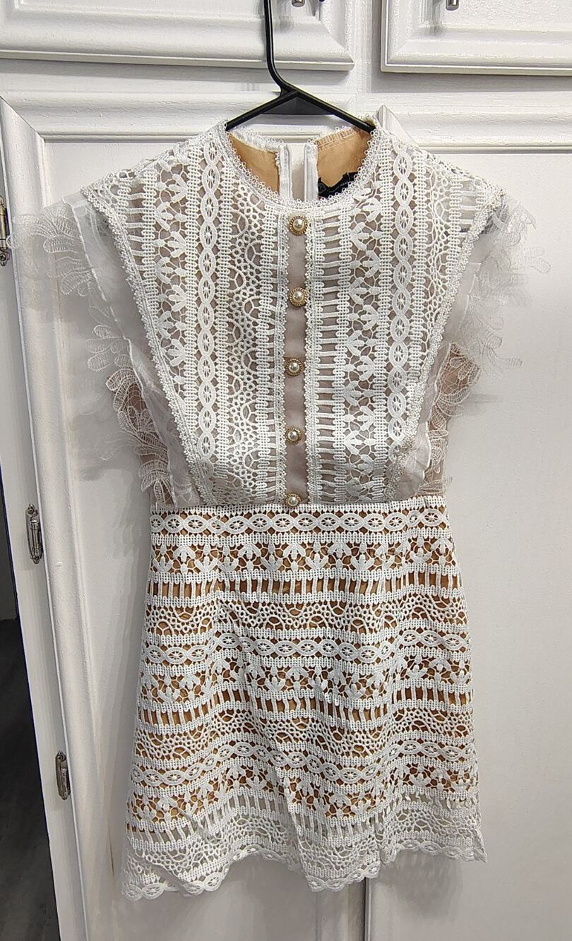 Pham Kieu Trang White Lace Mini Dress Pearl Button Sheer Ruffle Sleeves Size M
